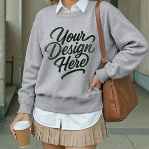 Gildan 18000 Sport Grey Sweatshirt Mockup Sport Grey G180 Female Model Crewneck Sweater Mockup Modern Trend Lifestyle Gildan 18000 Fall Mock