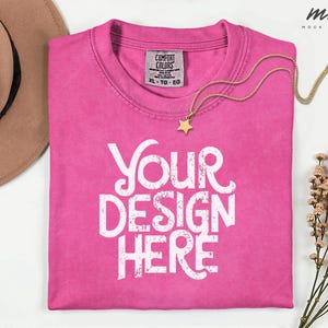 Neon Pink Comfort Colors 1717  Flatlay T-shirt Mockup, C1717 Neon Pink Tee Mockup, Folded Comfort Colors 1717 Shirt Mockup, real product