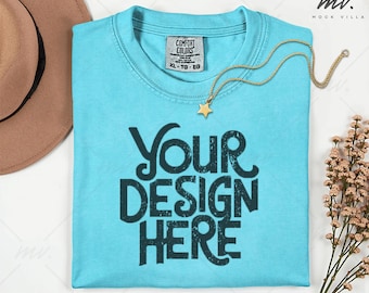Lagoon Blue Comfort Colors 1717  Flatlay T-shirt Mockup, C1717 Lagoon Blue Tee Mockup, Folded Comfort Colors 1717 Shirt Mockup, real product