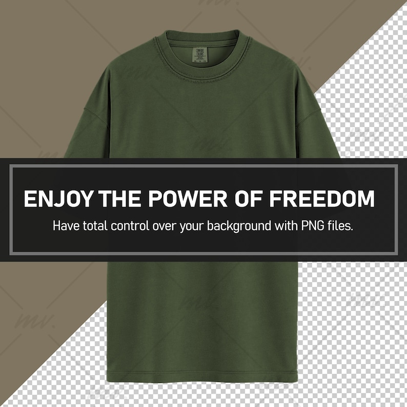 May include: A plain, dark green t-shirt with a crew neck. The t-shirt is made of a soft, comfortable fabric.  "ENJOY THE POWER OF FREEDOM" is written in black text on a black rectangle at the bottom of the image.  "Have total control over your background with PNG files." is written in smaller black text below the rectangle.
