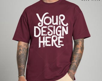 Bella Canvas 3001 Maroon Mens Tshirt Mockup | BC3001 Mens T-shirt Mock-up | Modelo Masculino Real Mock | Simples Estética Mock Tee | Maroon Mockup