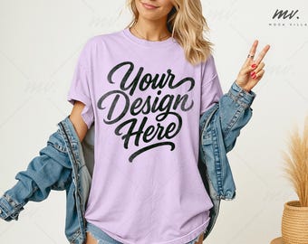 Orchid Comfort Colors 1717 Oversized T-shirt Mockup, C1717 Orchid Tee Mockup, Women's Comfort Colors 1717 Shirt Mockup, Simple Model Mockup