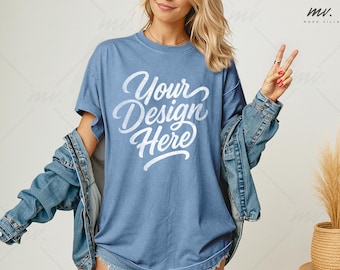 Maqueta de camiseta extragrande Blue Jean Comfort Colors 1717, maqueta de camiseta Blue Jean C1717, maqueta de camisa Comfort Colors 1717 para mujer, maqueta de modelo