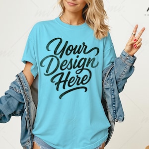 Lagoon Blue Comfort Colors 1717 Oversized T-shirt Mockup C1717 Lagoon Blue Tee Mockup, Womens Comfort Colors 1717 Shirt Mockup, Model Mockup