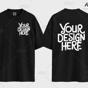 May include: Black short-sleeved t-shirt with the text "YOUR DESIGN HERE" on the front and back. The text is in a white, distressed font.