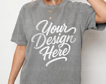 Grey Comfort Colors 1717 Mockup, CC1717 Tshirt Mockup, Female Model Mockup, Oversized Women Tee, Streetwear Shirt Mockup