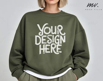 Gildan 18000 Military Green Mockup G180 Military Green Crewneck Sweatshirt Mock-up Real Model Womens Mock Trendy Simple Neutral Aesthetic