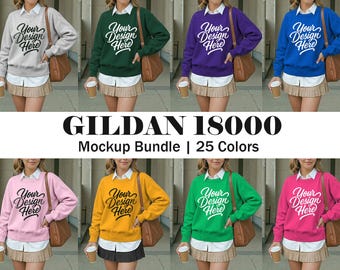 Gildan 18000 Sweatshirt Mockup Bundle, G180 Crewneck Sweater Mockup Bundle, Female Model Outdoor Mockup, Gildan Women's Sweatshirt Mockup