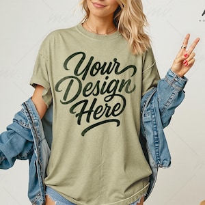 Khaki Comfort Colors 1717 Oversized T-shirt Mockup, C1717 Khaki Tee Mockup, Women&#39;s Comfort Colors 1717 Shirt Mockup, Simple Model Mockup