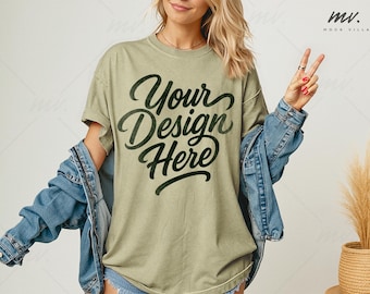 Khaki Comfort Colors 1717 Oversized T-shirt Mockup, C1717 Khaki Tee Mockup, Women's Comfort Colors 1717 Shirt Mockup, Simple Model Mockup