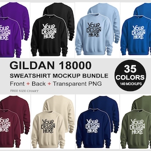 以下が含まれることがあります： 紫、黒、水色、ネイビーなど、さまざまな色のGildan 18000スウェットシャツのモックアップバンドル。各スウェットシャツの前面には「YOUR DESIGN HERE」と表示されています。画像には、35色と140のモックアップも表示されています。