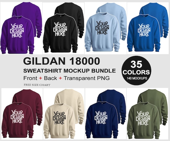 Gildan 18000 Sweatshirt Front & Back Mockup Bundle, G180 Crewneck 3D Bundle, PNG Transparent Mockup Bundle, Sweater Mockup, Simple Mockups
