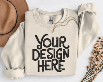 Sand Gildan 18000 Mockup, Flat lay Sand Mockup 18000, Fall Sweatshirt Mockup, Beige Gildan Mock Autumn, Folded Flatlay Crewneck Mockup