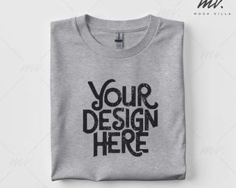 Sport Grey Flatlay Tshirt Mockup, Gildan 5000 Sport Gray Tshirt Mockup, G500 Sport Grey Tee Mock Up, Sport Grey Folded Crewneck T-Shirt Mock