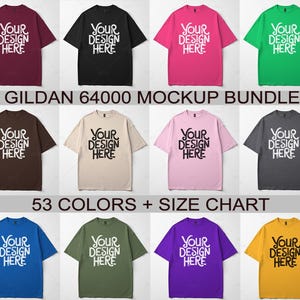 53X Gildan 64000 Mockup-paket G640 Flatlay Crewneck T-shirt Mockups Unisex Softstyle T-shirt Mockups Verklig produkt Basic Vit Bakgrund