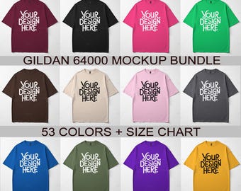 May include: A mockup bundle of 53 different colored Gildan 64000 t-shirts. The shirts are all short-sleeved and have a crew neck. The text "YOUR DESIGN HERE" is printed on each shirt in white.