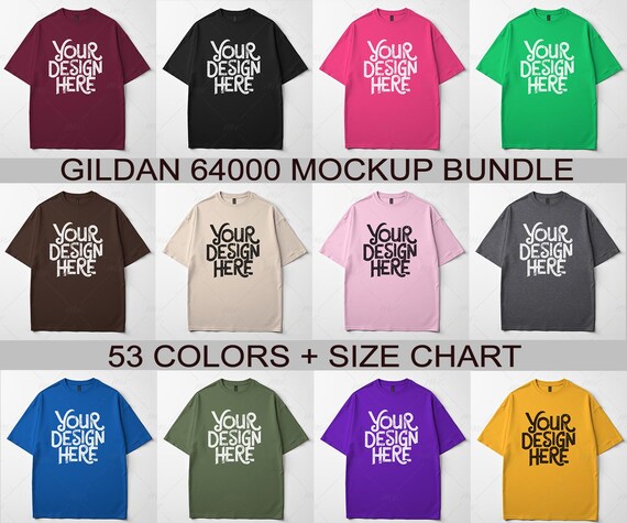 53X Gildan 64000 Mockup Bundle G640 Flatlay Crewneck T-Shirt Mockups Unisex Softstyle Tee Mock-Ups Real Product Basic White Background