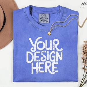 Flo Blue Comfort Colors 1717  Flatlay T-shirt Mockup, C1717 Flo Blue Tee Mockup, Folded Comfort Colors 1717 Shirt Mockup, real product