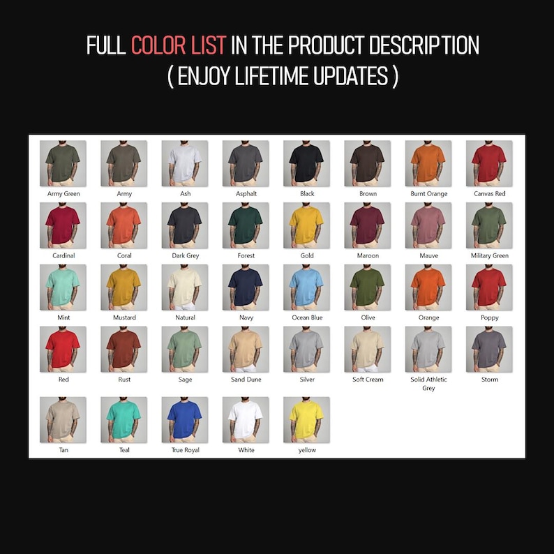 Puede incluir: Un gr&aacute;fico que muestra 28 opciones de color diferentes para una camiseta. Los colores est&aacute;n dispuestos en una cuadr&iacute;cula con el nombre de cada color debajo del color correspondiente.