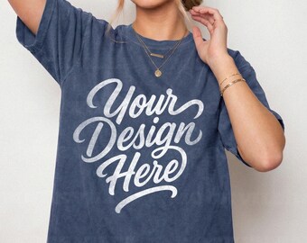 Denim Comfort Colors 1717 Mockup, CC1717 Tshirt Mockup, Female Model Mockup, Oversized Women Tee, Streetwear Shirt Mockup