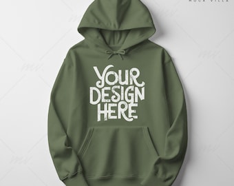 May include: A green hooded sweatshirt with the text "YOUR DESIGN HERE" printed on the front.