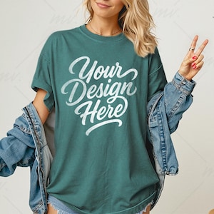 Blue Spruce Comfort Colors 1717 Oversized T-shirt Mockup, C1717 Blue Spruce Tee Mockup, Womens Comfort Colors 1717 Shirt Mockup,Model Mockup