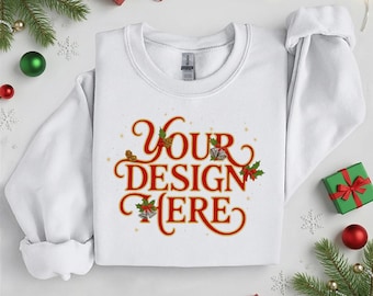 White Gildan 18000 Christmas sweatshirt mockup, G180 Holiday Crewneck Mockup, Folded Flatlay Xmas Sweater, Trendy Holiday Mockup