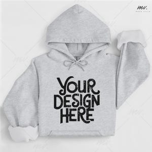May include: A light gray hoodie with a drawstring hood and a front pocket. The text "Your Design Here" is printed in black on the front. The cuffs are white.