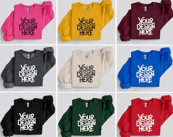 31X Gildan 18000 Einfaches Sweatshirt Mockup Bundle, Flat Lay G 180 Mockups, gefaltetes Pullover Mock-Up, einfacher weißer Hintergrund, echtes Produkt