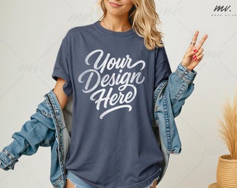 Denim Comfort Colors 1717 Oversized T-shirt Mockup, C1717 Denim Tee Mockup, Women's Comfort Colors 1717 Shirt Mockup, Simple Model Mockup