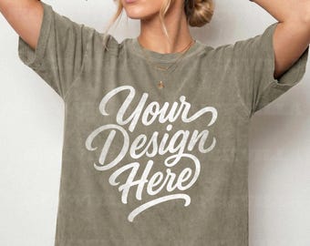 Khaki Comfort Colors 1717 Mockup, CC1717 Tshirt Mockup, Female Model Mockup, Oversized Women Tee, Streetwear Shirt Mockup