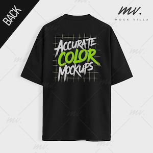 May include: Black t-shirt with a green and white graphic that says "Accurate Color Mockups" on the back.