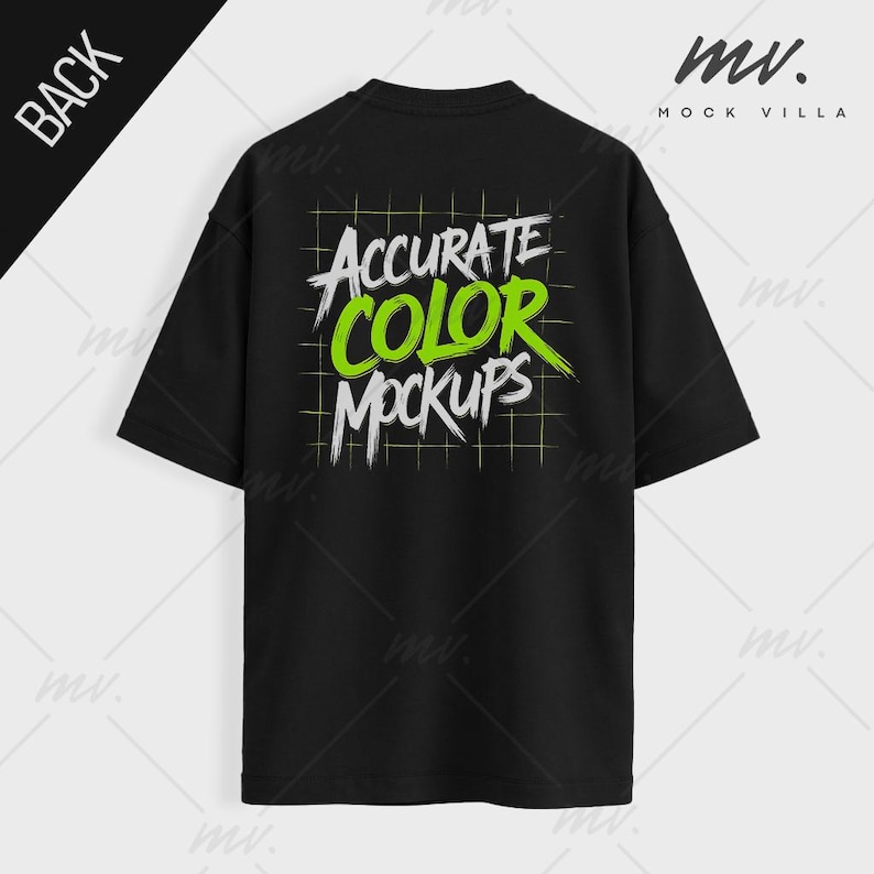 May include: Black t-shirt with a green and white graphic that says "Accurate Color Mockups" on the back.