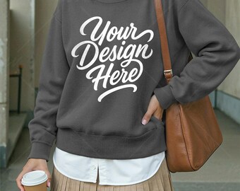 Gildan 18000 Charcoal Sweatshirt Mockup, Charcoal G180 Female Model Crewneck Sweater Mockup Modern Trendy Lifestyle Gildan 18000 Fall Mockup