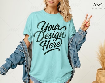 Chalky Mint Comfort Colors 1717 Oversized T-shirt Mockup, C1717 Chalky Mint Tee Mockup, Womens Comfort Colors 1717 Shirt Mockup Model Mockup