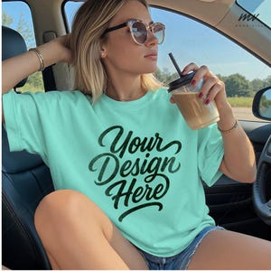 Island Reef Comfort Colors C1717 T-Shirt Mockup Car Pose Lifestyle Mockup Oversized Island Reef Tee Shirt Mockup Trendy Female Boho Mockup