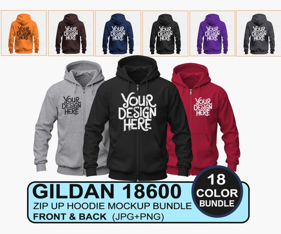 Zip UP Hoodie Mockup Gildan 18600 Zip Up Hooded Sweatshirt Mockup G186 Zip Hoodie Mockup 3D Front And Back Full Zip Hoodie Mock Up Png