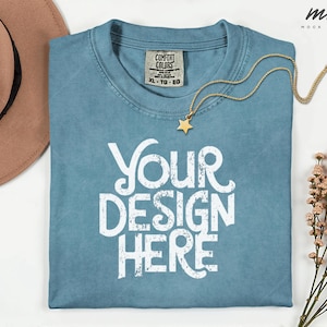 Comfort Colors 1717 Ice Blue Flatlay T-shirt Mockup, C1717 Ice Blue Tee Mockup, Folded Comfort Colors 1717 Shirt Mockup, real product
