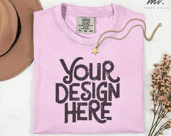 Comfort Colors 1717 Blossom Flatlay T-shirt Mockup, C1717 Blossom Tee Mockup, Folded Comfort Colors 1717 Shirt Mockup, real product