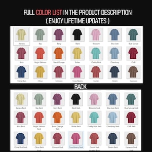 May include: A color chart showing 24 different colors of t-shirts. The colors are arranged in a grid with two rows of 12 colors. The colors are labeled with their names, such as Banana, Bay, Berry, Black, Blossom, Blue Jean, Blue Spruce, Brick, Bright Salmon, Burnt Orange, Butter, Chalky Mint, Chambray, Chill, China Blue, Citrus, Crimson, Crunchberry, Cumin, Denim, Espresso. The second row shows the same colors with the word "Back" added to the end of each color name.