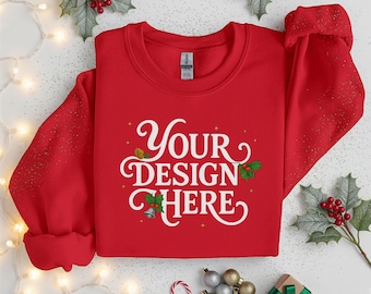 Rode Gildan 18000 kerstsweater mockup, G180 vakantiemodel ronde hals, gevouwen flatlay kersttrui, trendy vakantiemodel