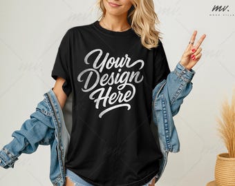 Black Comfort Colors 1717 Oversized T-shirt Mockup, C1717 Black Tee Mockup, Women's Comfort Colors 1717 Shirt Mockup, Simple Model Mockup