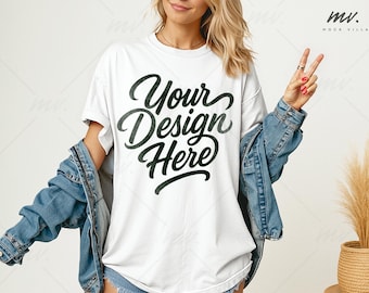 Weiß Comfort Colors 1717 Oversized T-shirt Mockup, C1717 Weißes T-Shirt Mockup, Damen Comfort Colors 1717 Shirt Mockup, einfaches Modell Mockup