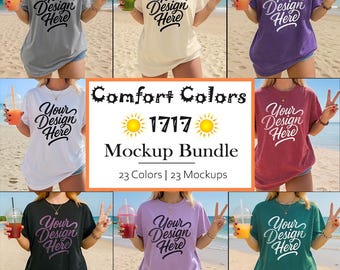 Comfort Colors 1717 Summer T-shirt Mockup Bundle, C1717 Summer Mockup Bundle, Female Model  Mockup, Garment dyed Women&#39;s Beach Shirt Mockup.