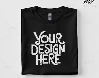 Black Flatlay Tshirt Mockup, Gildan 5000 Black Tshirt Mockup, G500 Black Tee Mock Up, Black Folded Crewneck T-Shirt Mock, Minimal Mockup