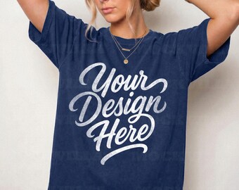True Navy Comfort Colors 1717 Mockup, CC1717 Tshirt Mockup, Female Model Mockup, Oversized Women Tee, Streetwear Shirt Mockup
