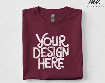 Maroon Flatlay Tshirt Mockup, Gildan 5000 Maroon Tshirt Mockup, G500 Maroon Tee Mock Up, Maroon Folded Crewneck T-Shirt Mock, Minimal Mockup