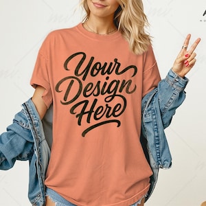 Terracotta Comfort Colors 1717 Oversized T-shirt Mockup, C1717 Terracotta Tee Mockup, Women&#39;s Comfort Colors 1717 Shirt Mockup, Model Mockup