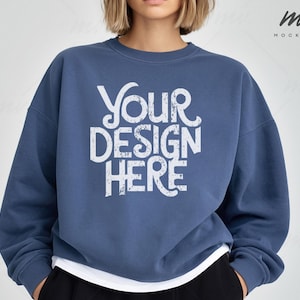 Gildan 18000 Indigo Blue Sweatshirt Mockup G180 Indigo Blue Crewneck Sweatshirt Mock up Real Model Womens Mock-up Simple Neutral Aesthetic