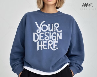 Gildan 18000 Indigo Blue Sweatshirt Mockup G180 Indigo Blue Crewneck Sweatshirt Mock up Real Model Womens Mock-up Simple Neutral Aesthetic